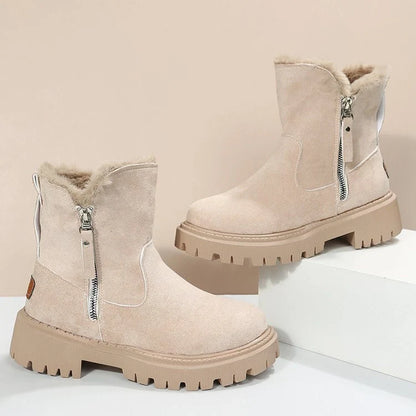 Women's snow boots with foldable plush tube and side zipper in black and khaki