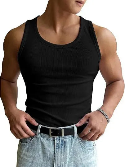 Men's tight-fitting grey sports t-shirt with a round neck, shown flat.