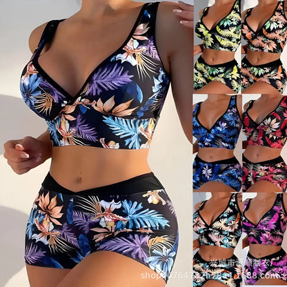 Women's two-piece swimsuit set showing sleeveless bikini top and printed boxer-style briefs in a multi-colour pattern.