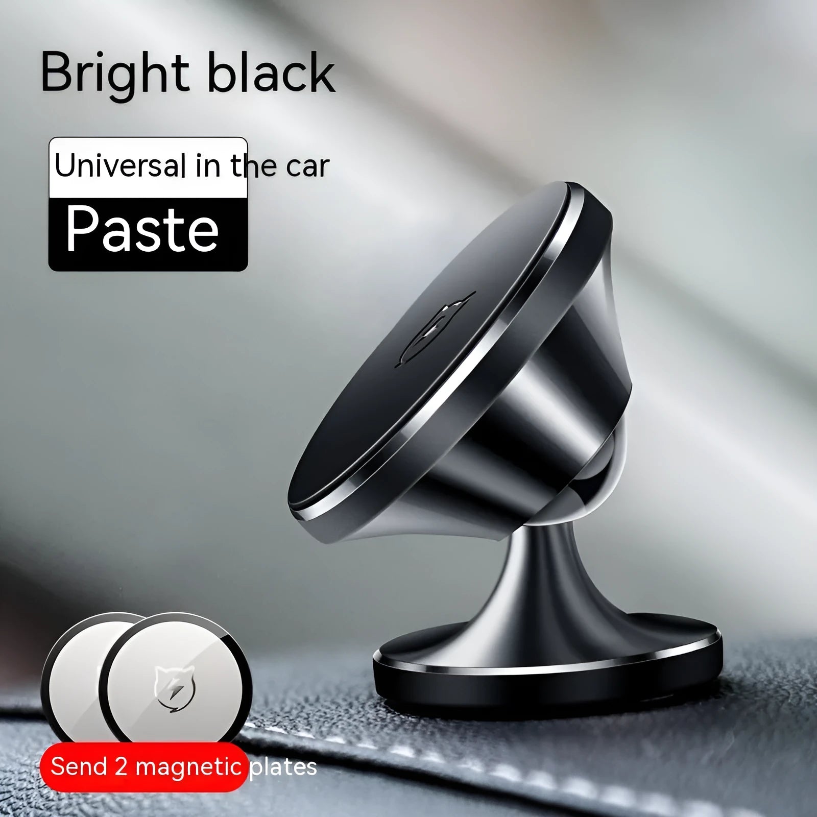 Shiny black magnetic car phone holder with alloy construction and N52 magnets for dashboard mounting