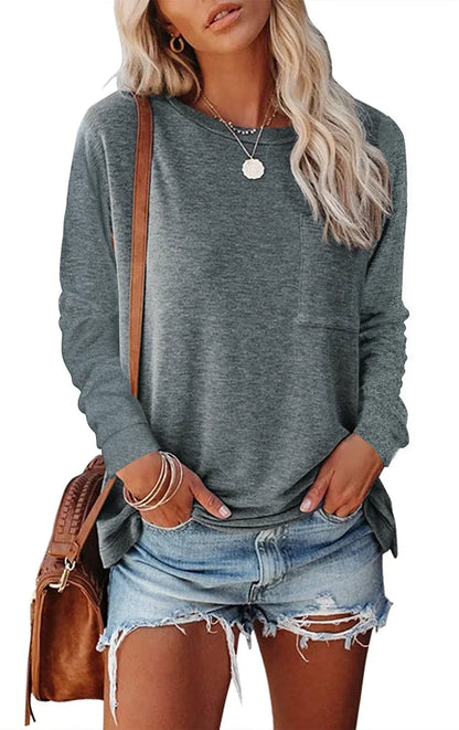 Cotton-polyester blend long-sleeved T-shirt with pocket split design in various colours