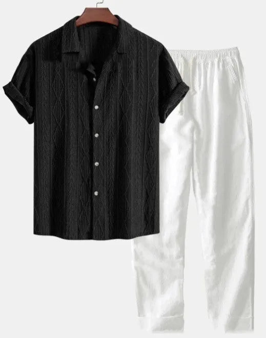 Men's loose short sleeve shirt and trousers summer suit in milk silk polyester fabric