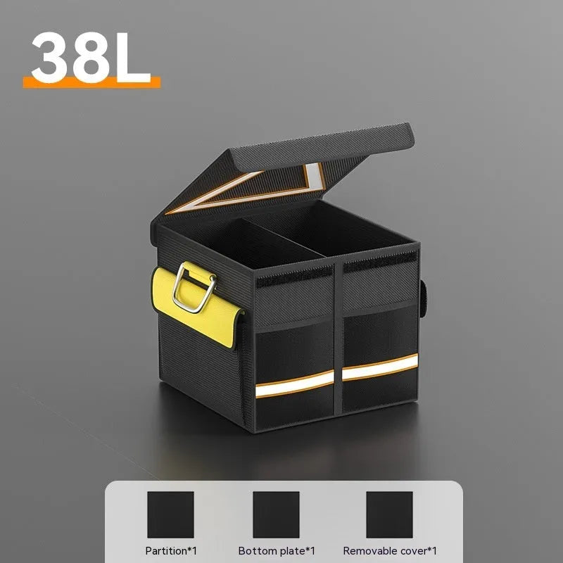 Black and yellow foldable car trunk storage bag with carrying handle in three size options.