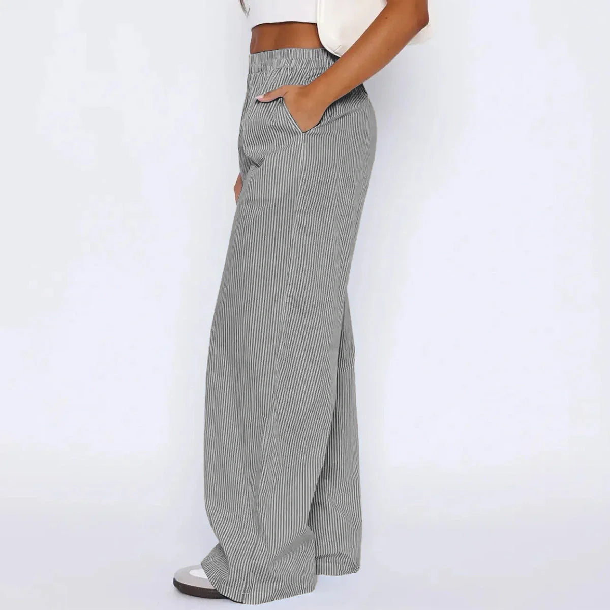 Stylish women's striped high waist wide leg trousers with pockets in various colors