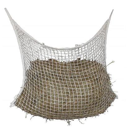Black woven grid hanging feeding bag for horses, showing size and rope construction.