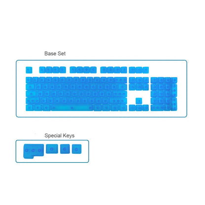 Set of 104 transparent PBT mechanical keyboard keycaps in orange, white, blue, and black colours on a black background.