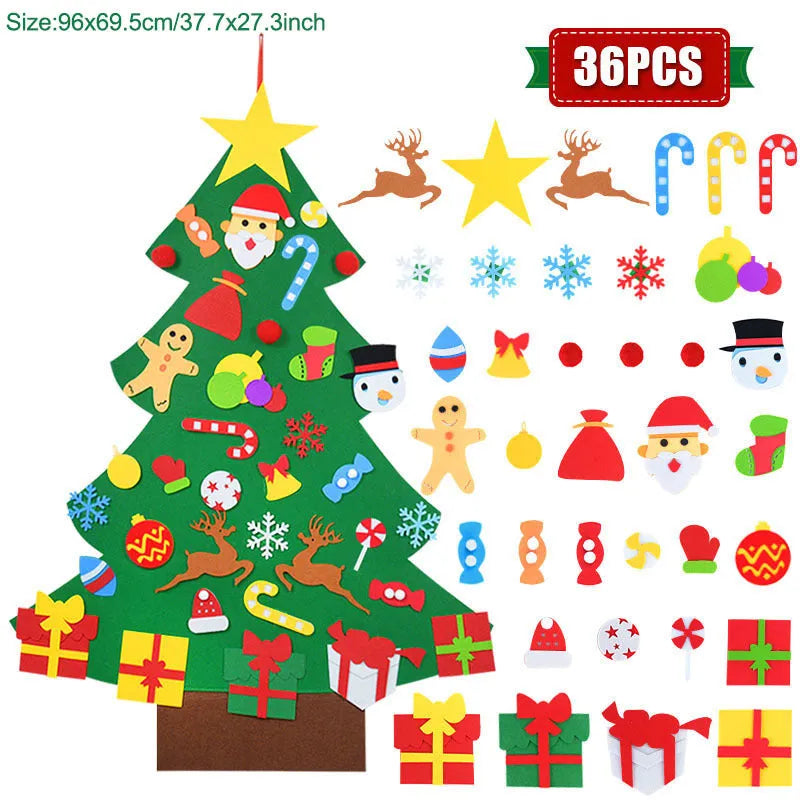 DIY felt Christmas ornaments showing 9 colour sections on 110cm wide material with 18-piece design kits