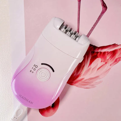 Pink three-in-one USB electric hair removal device with shaving head, grinding head, and skin rub attachment