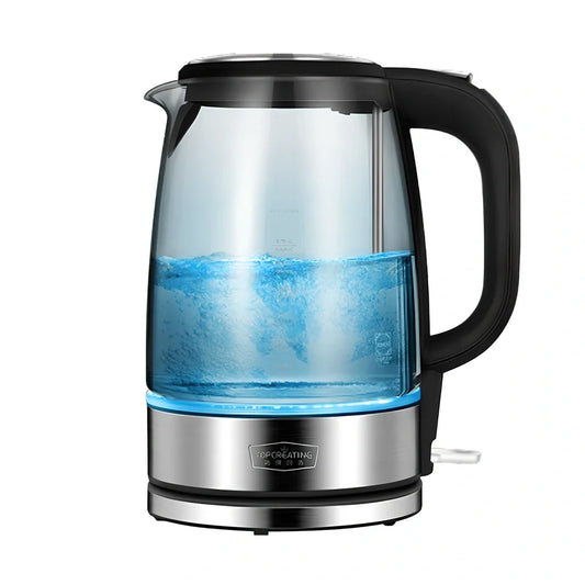 1.7L borosilicate glass electric kettle with 1800W heating, scale window, and push-button lid, dimensions 25.8x20x15cm