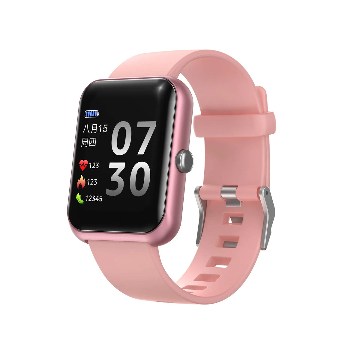 Square dial Bluetooth smart watch with silicone strap on a wrist, showing black, blue, gold, pink, and silver colour options.