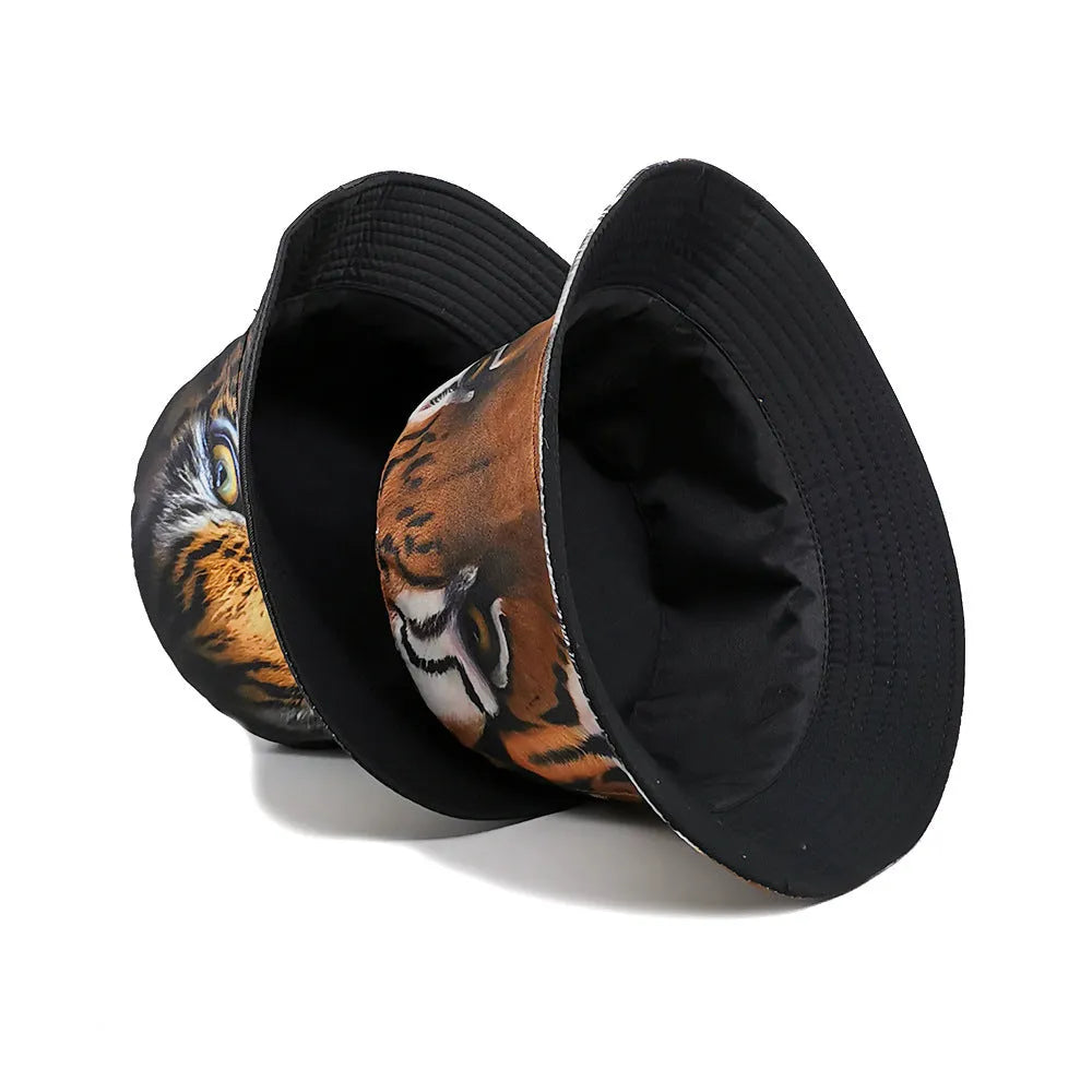 Tiger pattern bucket hat in polyester fabric with dome crown, khaki and black camouflage options