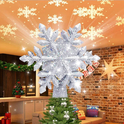 Christmas tree topper star with LED snowflake projector in silver and gold