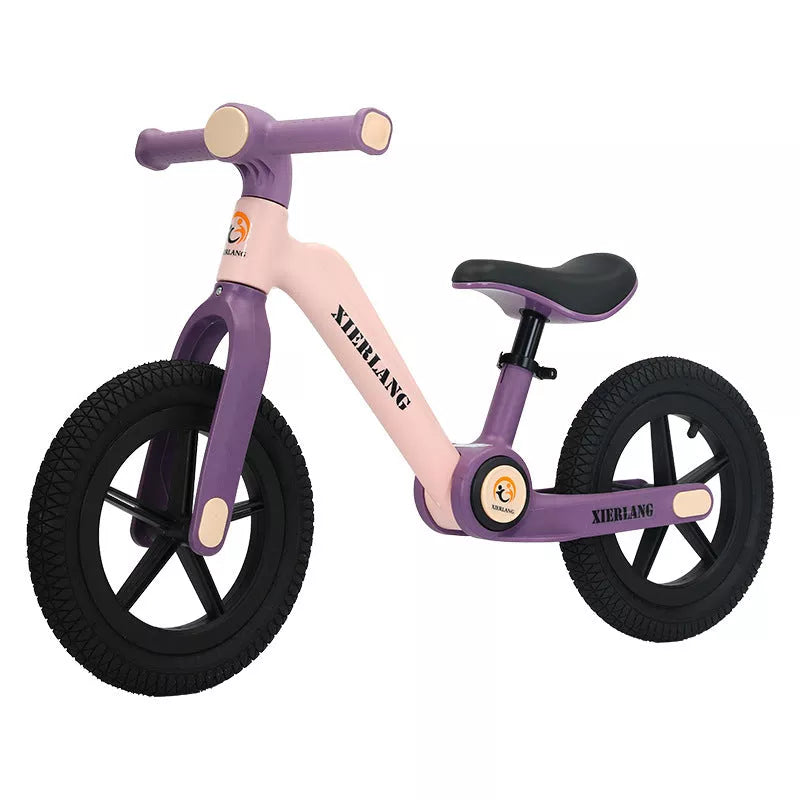 Foldable kids balance bike in grass green, light brown, or pink purple