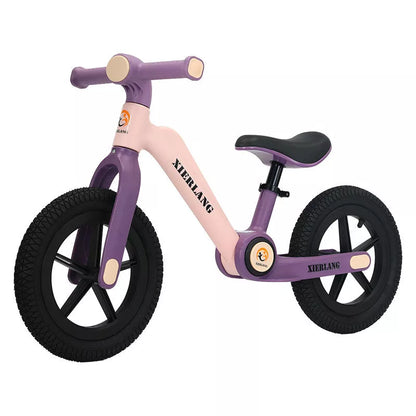 Foldable kids balance bike in grass green, light brown, or pink purple