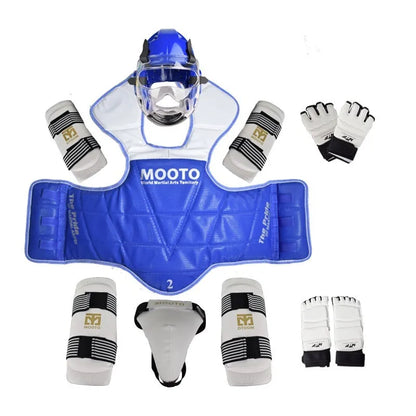 Taekwondo protective gear set in red or blue with four to eight pieces and sizes from 110cm to 190cm