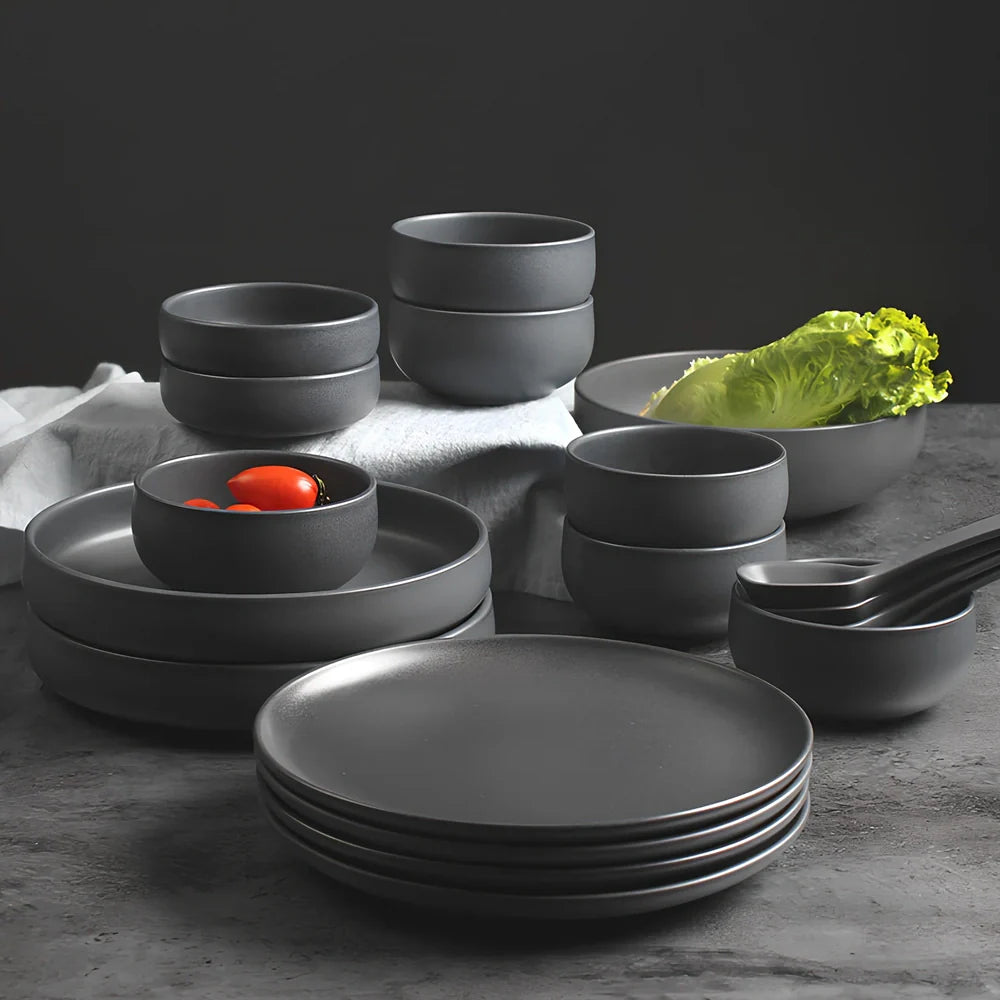 Nordic ceramic tableware set with rice bowl, noodle bowl, flat plate, and soup bowl in matt glaze finish