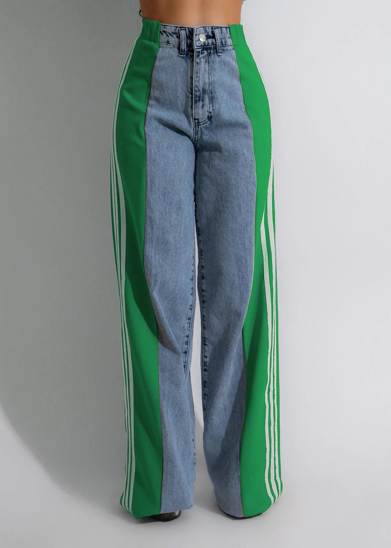 Stylish denim pants with three-stripe patchwork design in various color options