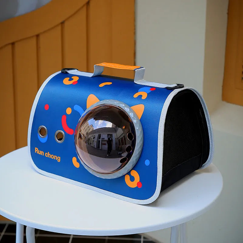 Transparent nylon pet carrier bag with cartoon pattern and 12kg capacity for small pets