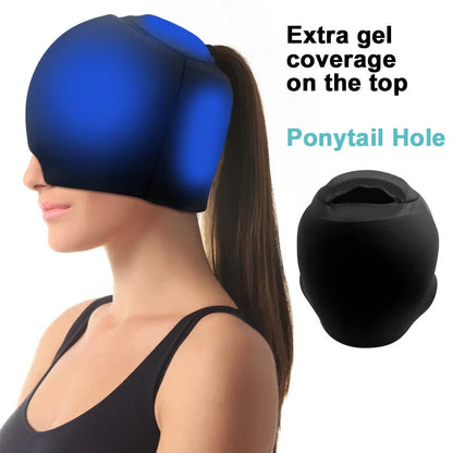 Simple solid colour cold compress cap in black, dark blue, or pink with fully enclosed design for head cooling