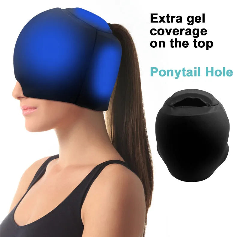 Simple solid colour fully enclosed design cold compress cap: a polyester cap with a fully enclosed design that provides targeted cooling for head discomfort, available in black, dark blue, and pink colour options.
