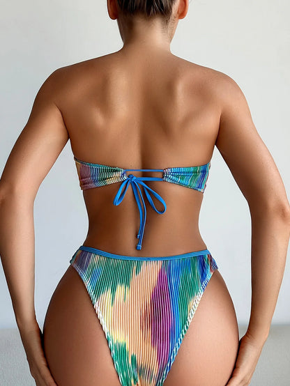 Colour printed women's tube top and briefs bikini set for swimming.