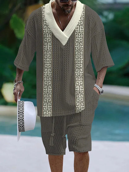 Men's casual short sleeve polyester suit set with loose fit top and matching shorts