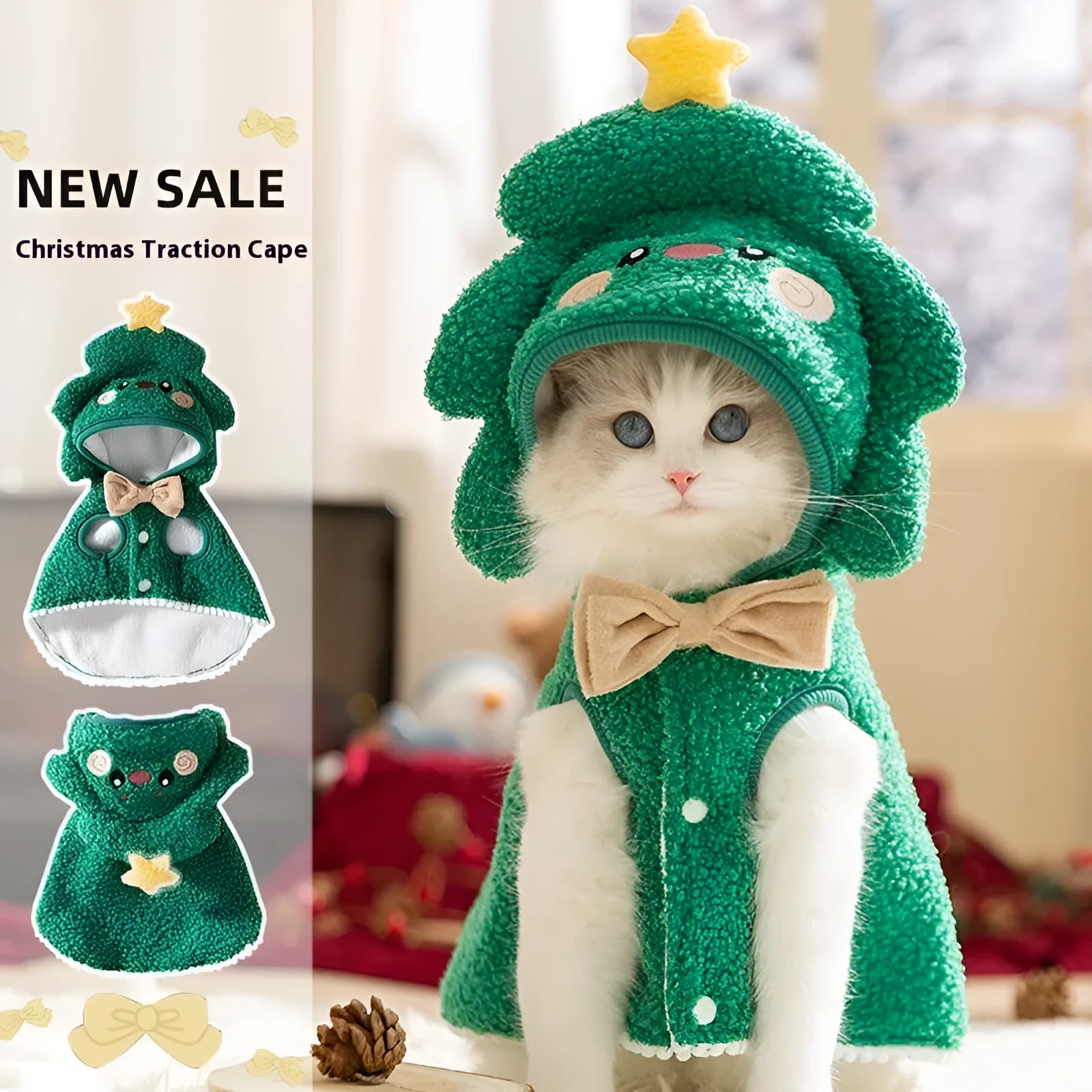Brown cartoon elk design cat cloak with a drawable hood, shown on a cat.