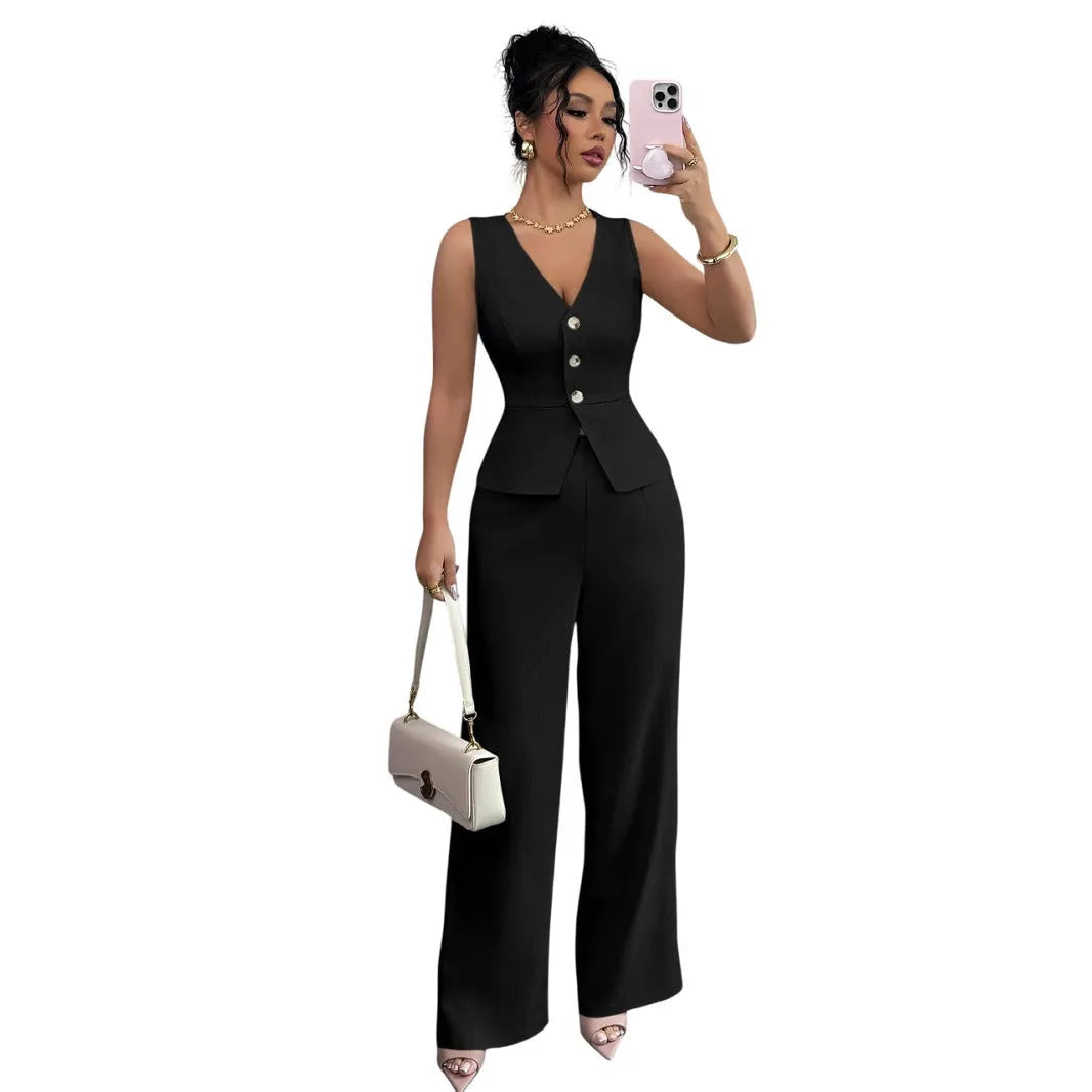 Women's sleeveless vest and high-waisted trousers two-piece set in solid colour casual design
