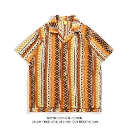 Ethnic woven shirt with contrasting colours and Cuban collar in loose fit with drop shoulders