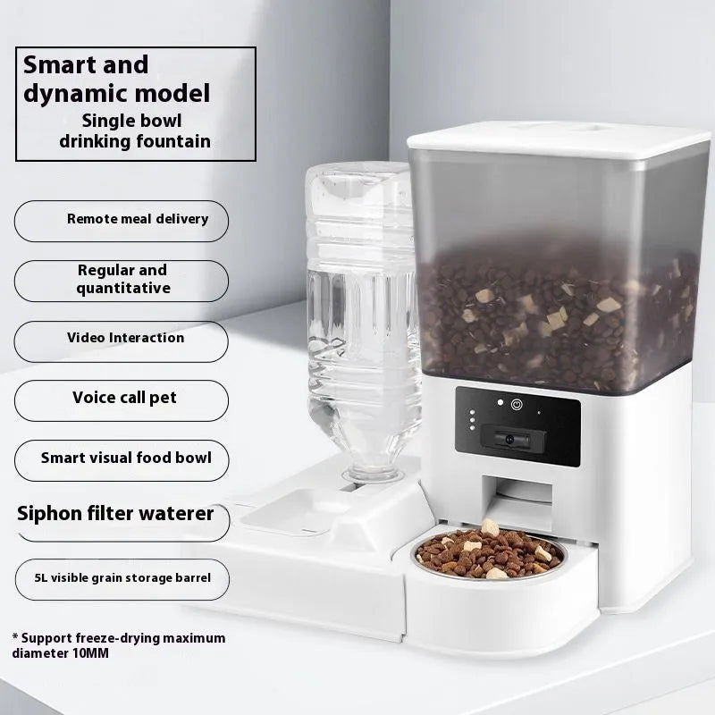 Smart pet feeder with stainless steel bowl and 5L capacity reservoir in multiple control versions