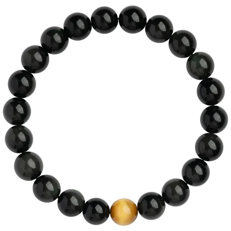 Black obsidian stone bracelet with geometric beads in unisex Korean style.