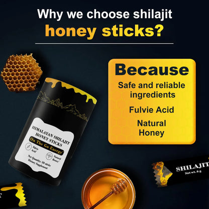 Box of 30 Himalayan Shilajit honey sticks, each 8g with Shilajit resin 400mg and saffron 2mg