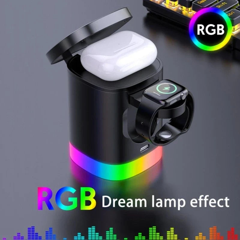 3-in-1 wireless charging station with magnetic functionality and smart lighting for smartphones, smartwatches, and earbuds