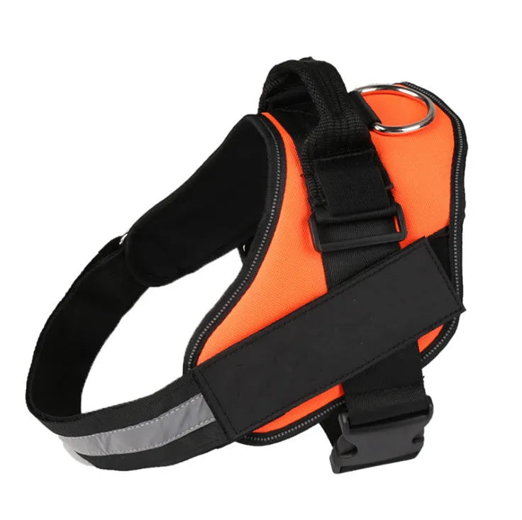 Adjustable reflective nylon dog harness vest with a sturdy handle and chest strap, shown on a size chart.