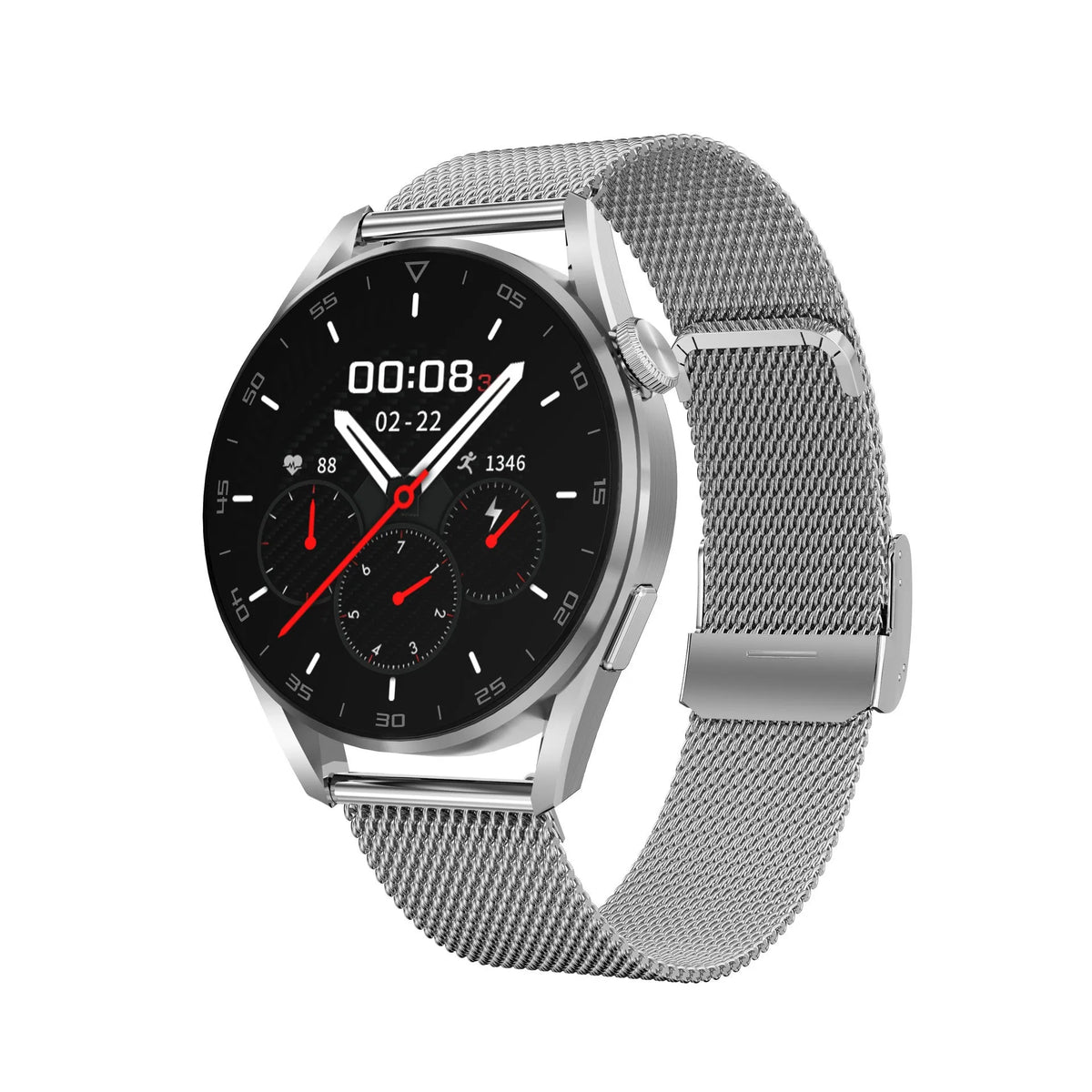 Black metal Bluetooth smart watch with 1.3-inch screen on a wrist, showing call interface.