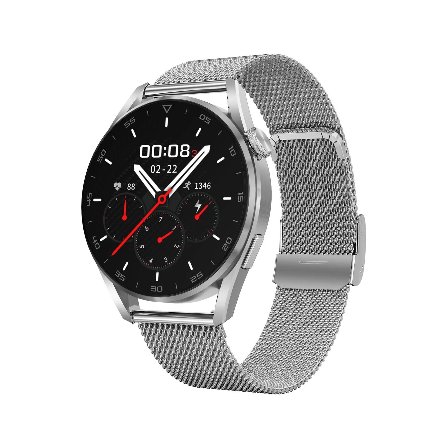 Black Bluetooth smart watch with metal case and leather strap on a wrist, showing call screen.