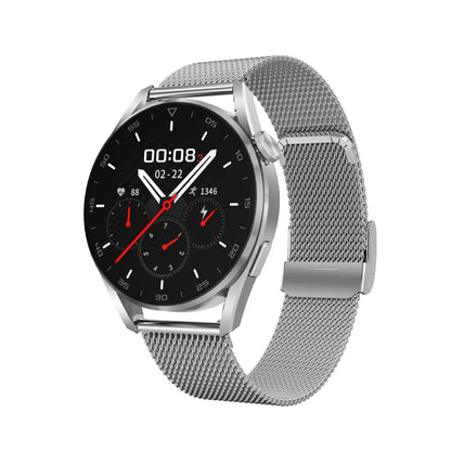 Black Bluetooth smart watch with metal case and leather strap on a wrist, showing call screen.