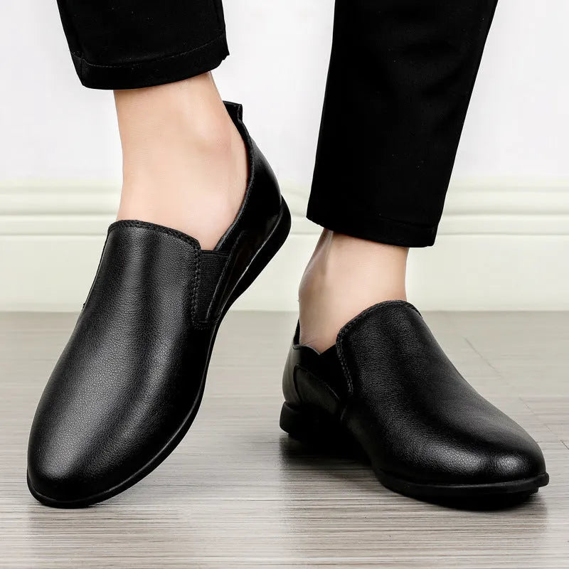 Men's black and brown leather dress shoes with round toe and breathable design