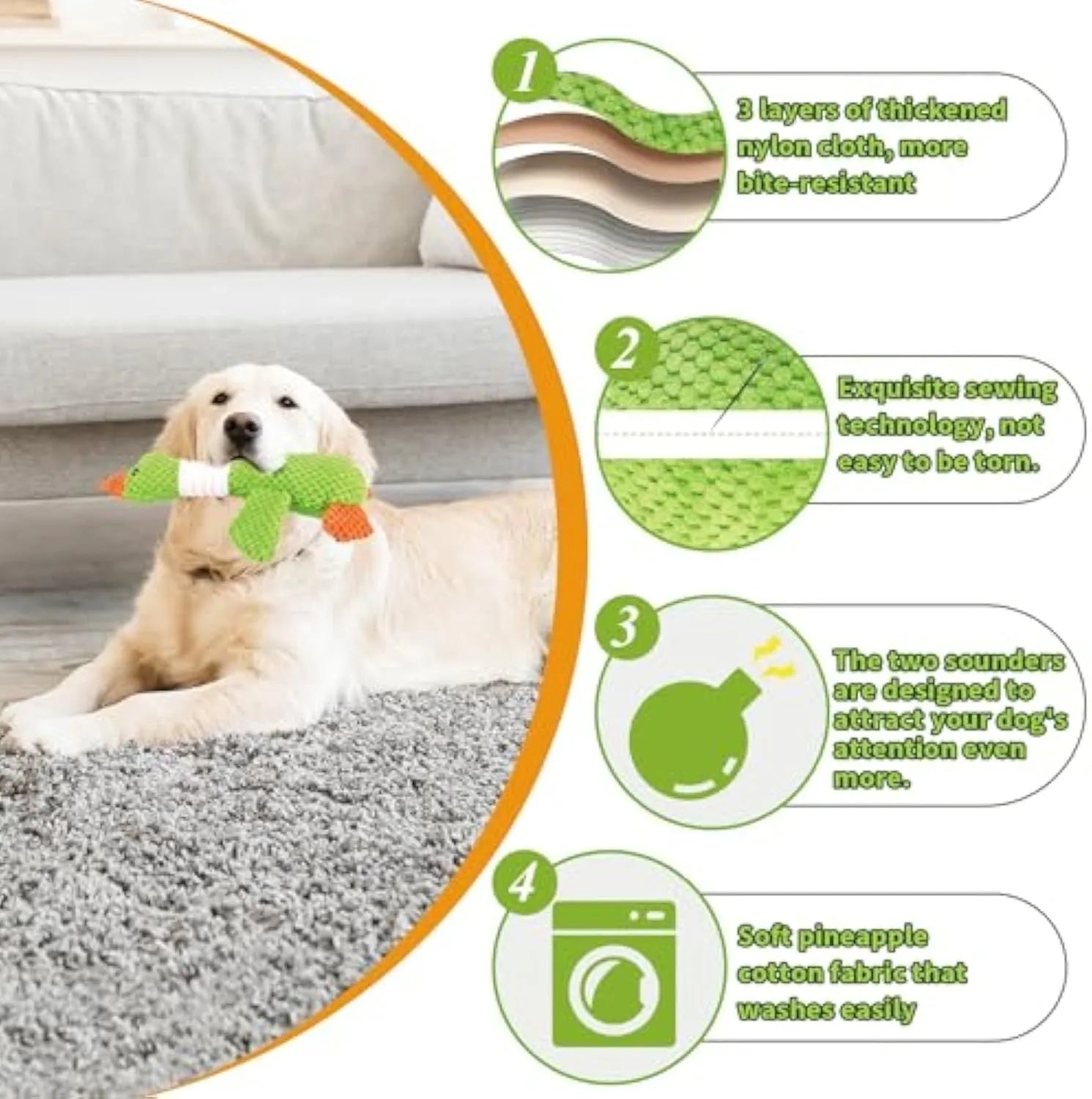 Blue duck-shaped dog plush toy with two squeakers for dental cleaning, 33 cm by 10 cm