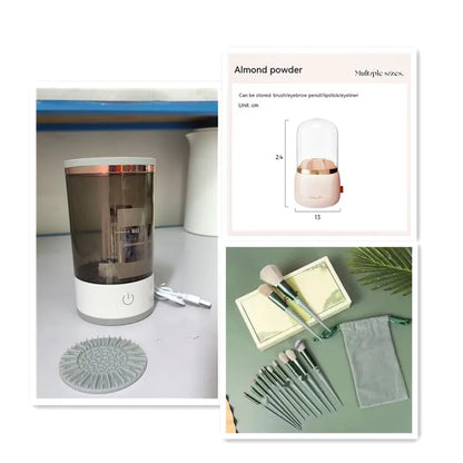Grey and white portable electric makeup brush cleaner machine with USB charging cable