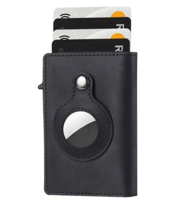 Premium leather wallet with built-in AirTag pocket and RFID blocking technology for secure everyday carry