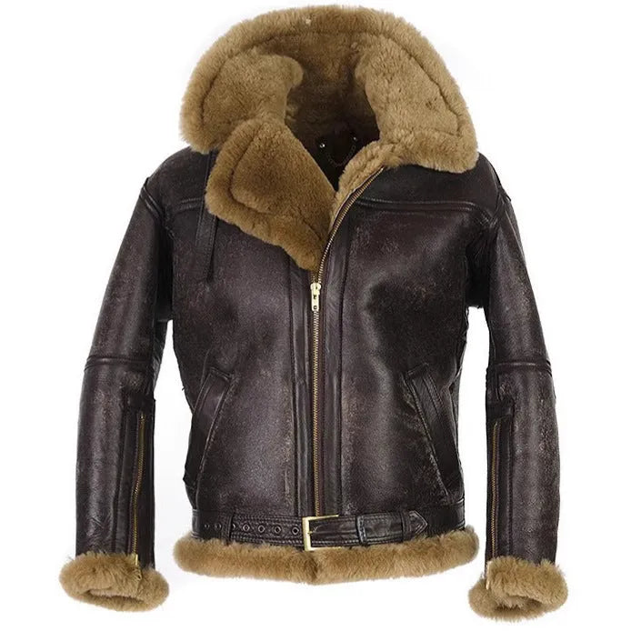 Men's brown synthetic leather fur coat with side pockets and straight hem, medium 65cm length winter jacket