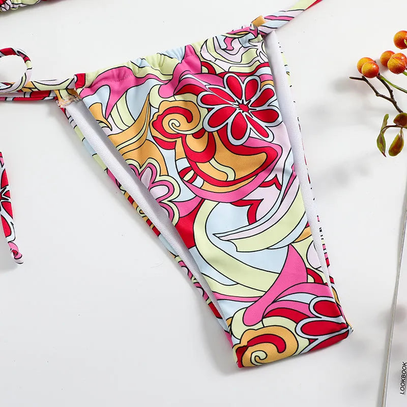 Women's triangle printed bikini with halter neck design in multicolor pattern