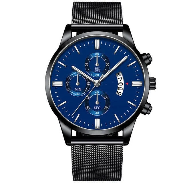 Men's stainless steel mesh band quartz watch with analog dial on a wrist.