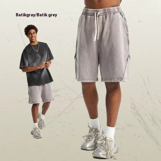 Men's batik washed cotton terry shorts in loose fit with patch craft details