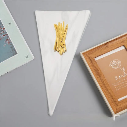 Triangle clear plastic bag with integrated tie wire closure in 13x25cm, 16x30cm, or 18x37cm sizes