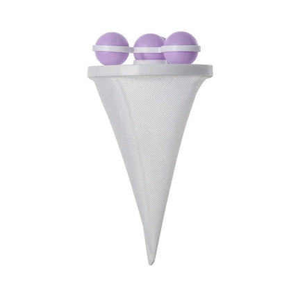 Ultra-fine mesh washing machine lint catcher in purple, blue, and pink