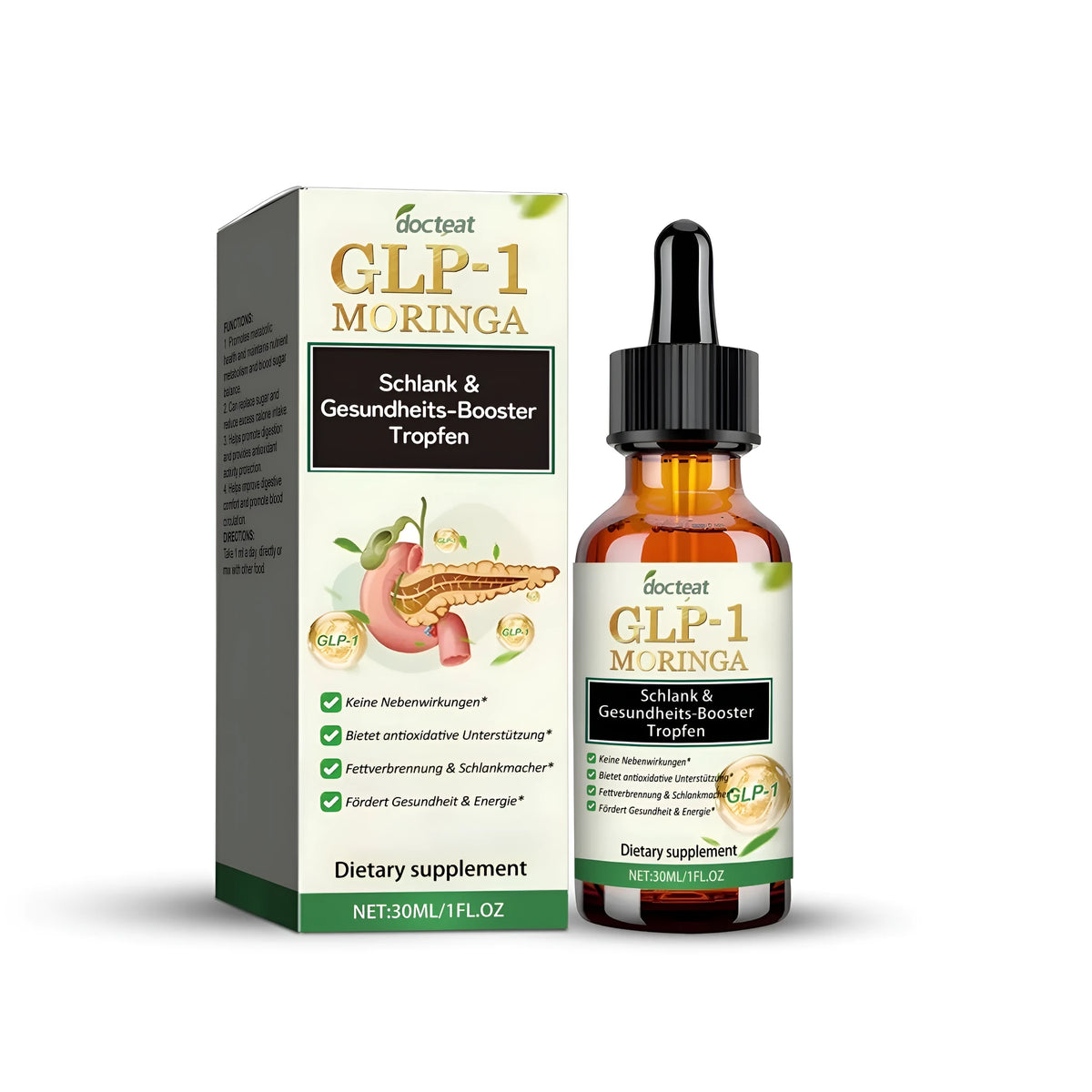 30ml bottle of Moringa Schlank dietary supplement drops with dropper