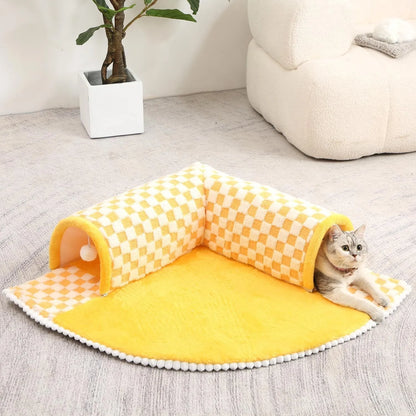 Fan-shaped 2 in 1 dog cat bed with plush sleeping area and integrated play tunnel in yellow colour