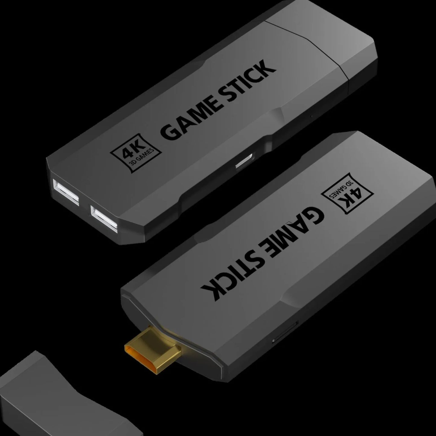 HD home TV game console with wireless handle on a black background, showing HDMI port and compact size.